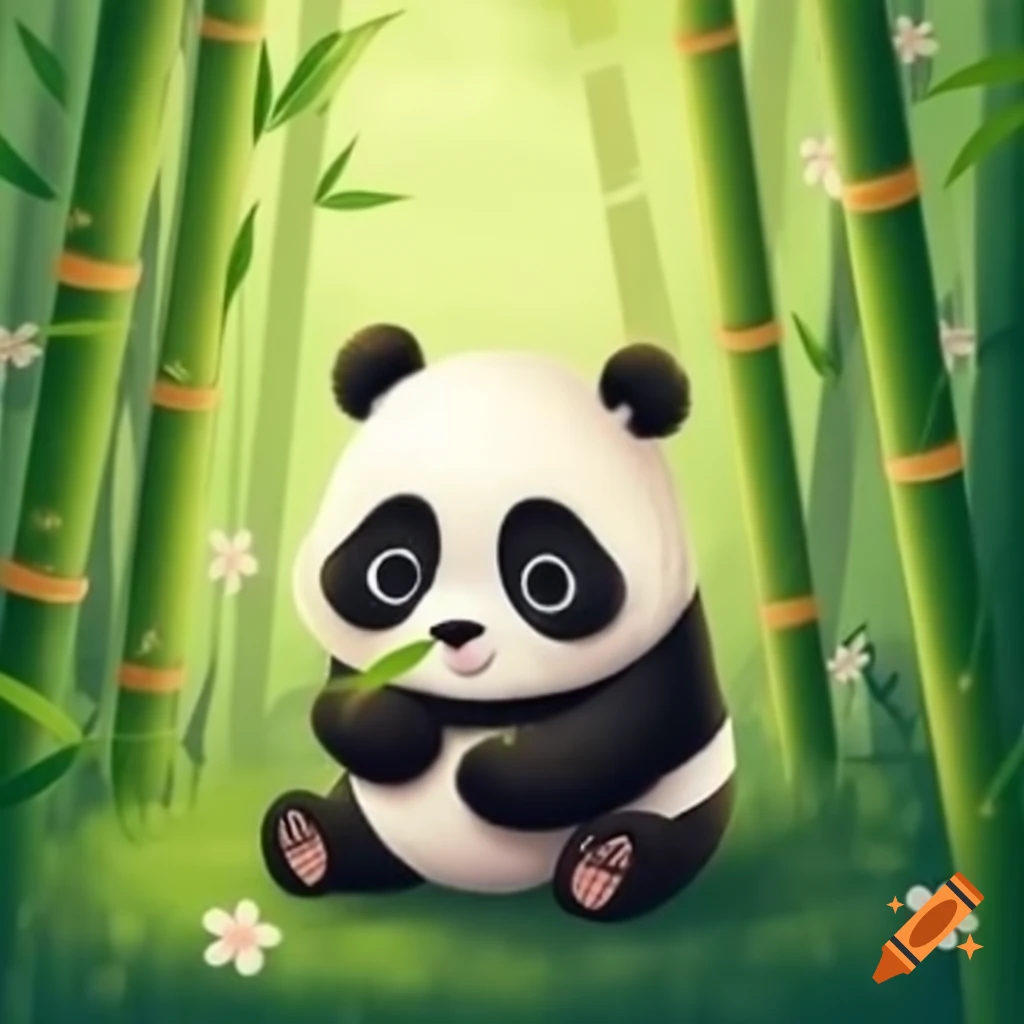 Playful baby panda eating bamboo in bamboo and sakura forest