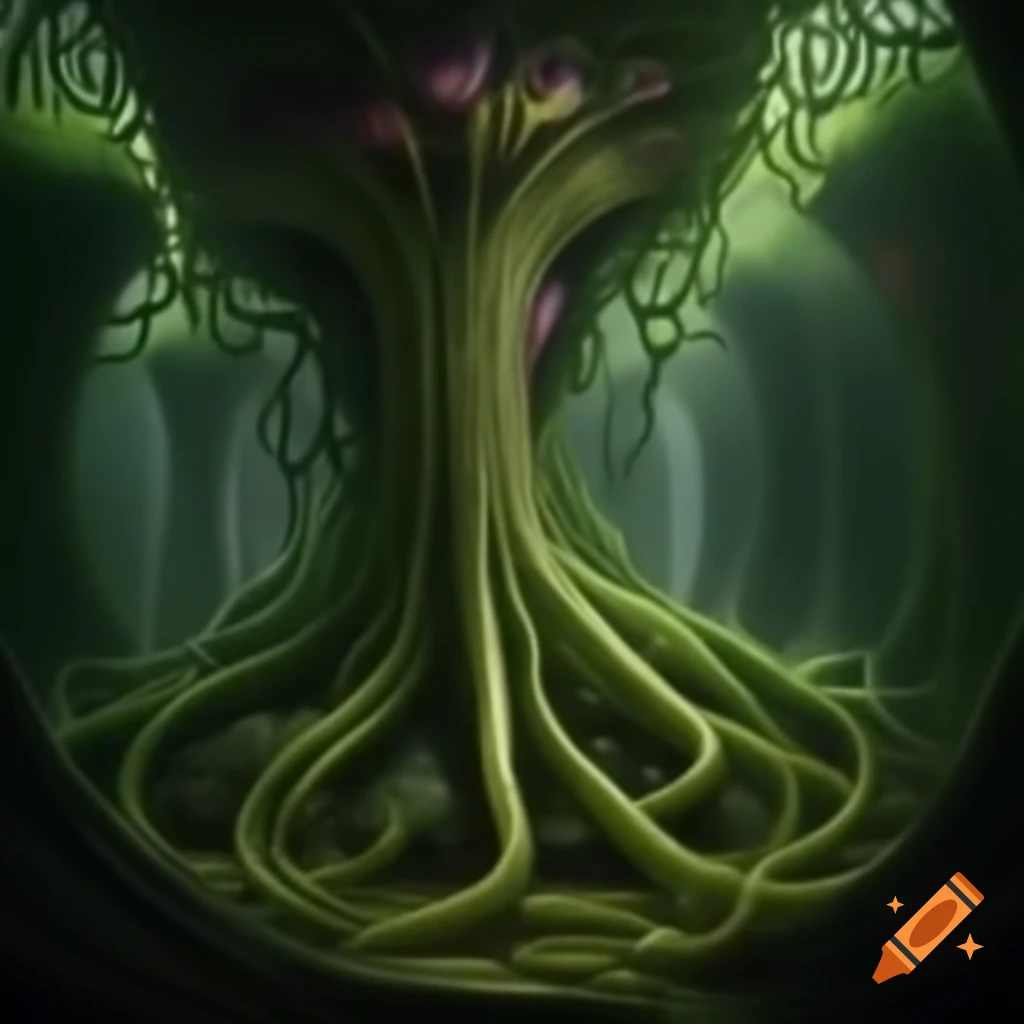 Massive plant with thick tendrils and long vines extending across rooms
