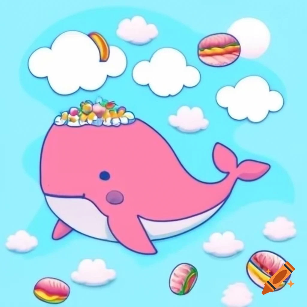 Detailed pink whale flying in the sky, eating candy