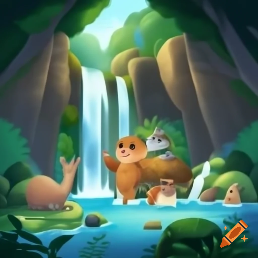 Cascada con diversos animales alrededor
