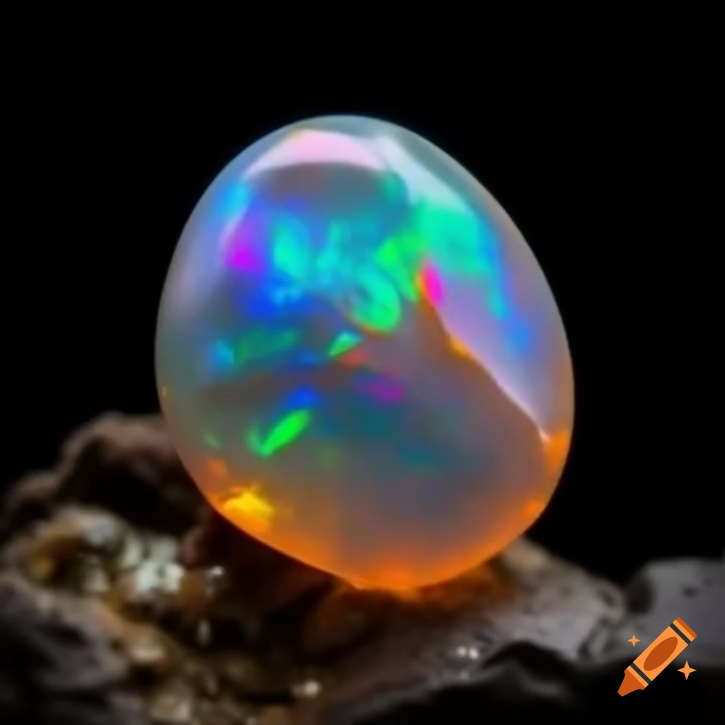Vibrant opal with iridescent colors against black backdrop