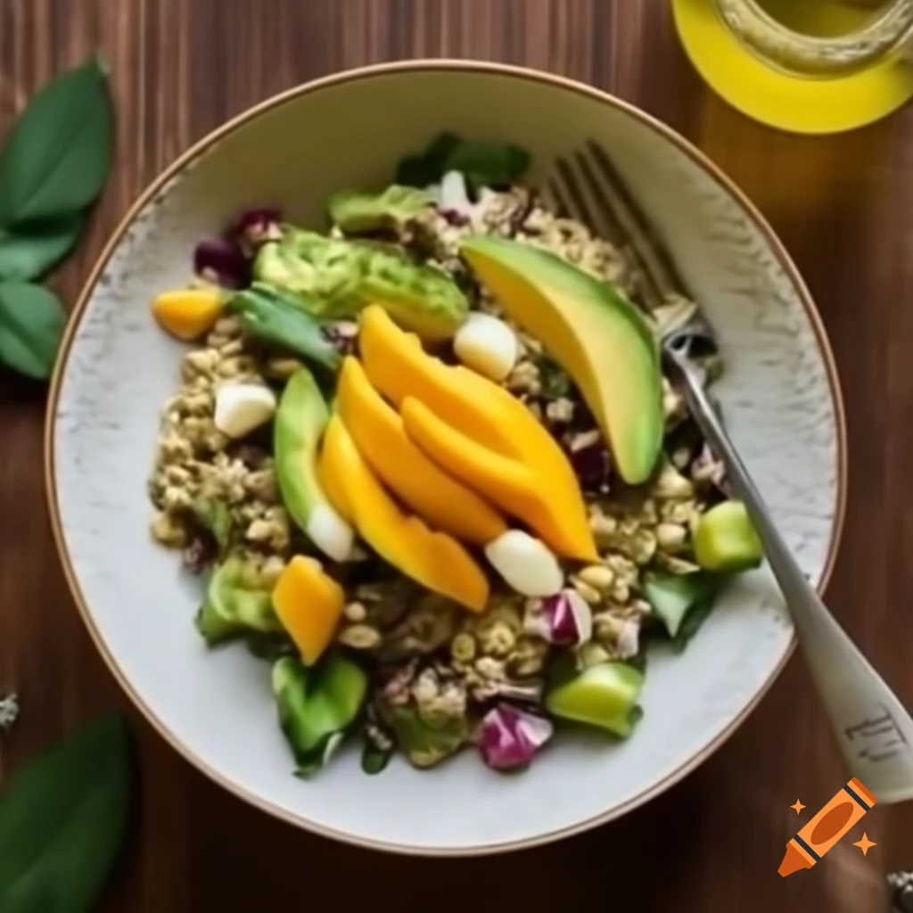 Vibrant salad with fluffy quinoa, fresh avocado, golden mango, and spinach leaves, natural light