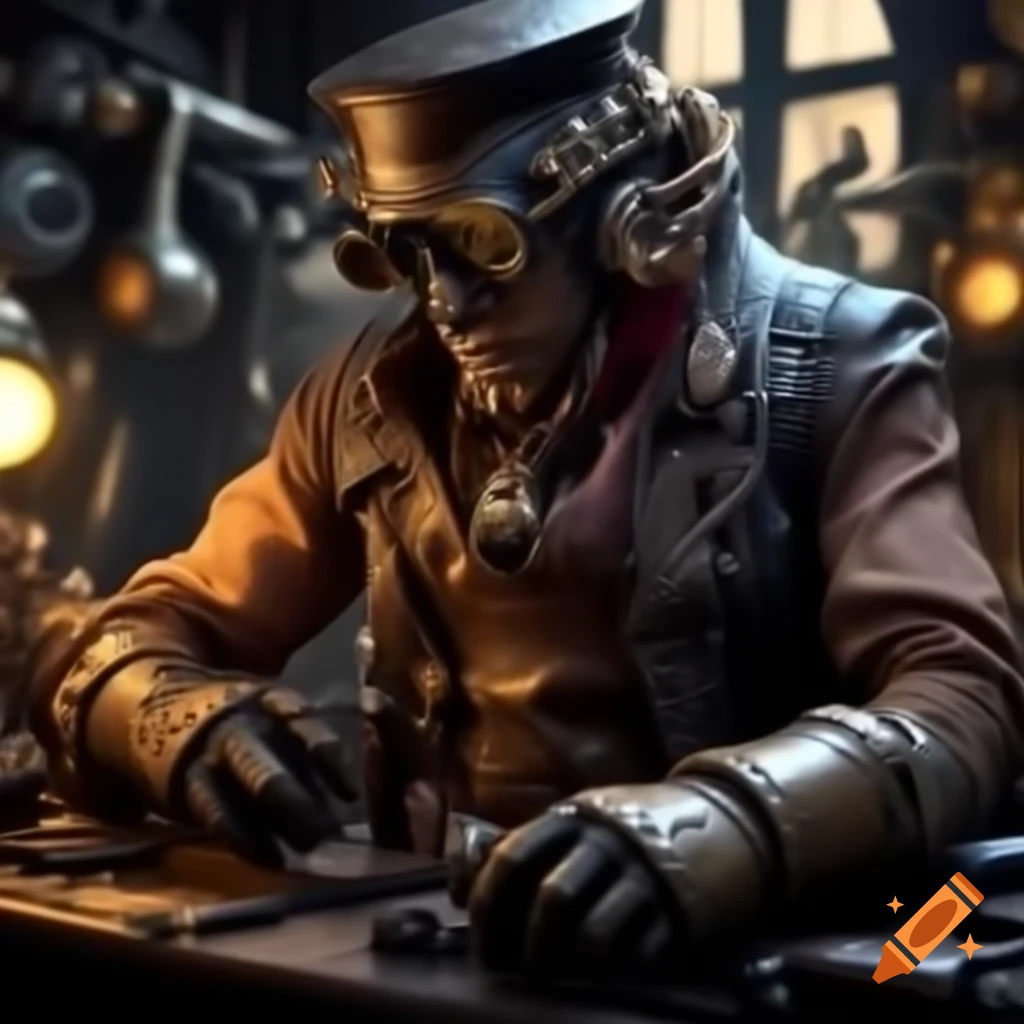 Steampunk mechanic working on machinery on Craiyon