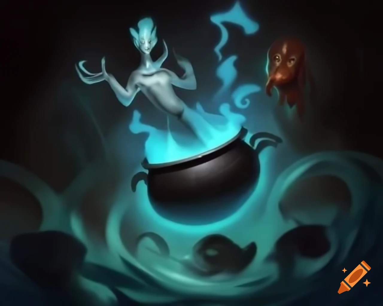 Water elemental rising from cauldron, shifting form with ethereal glow ...