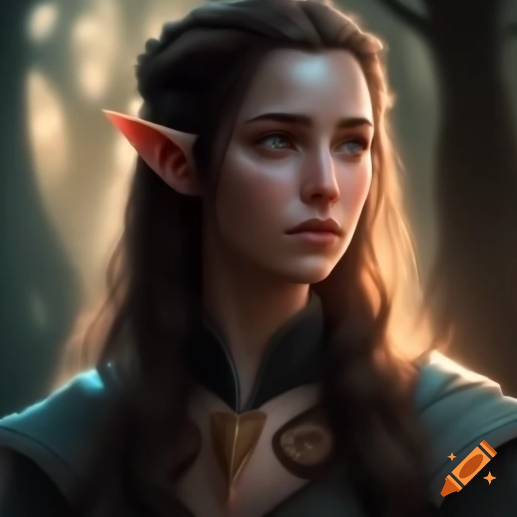 Elf cleric in soft light, downcast eyes emanating serenity and faith on ...