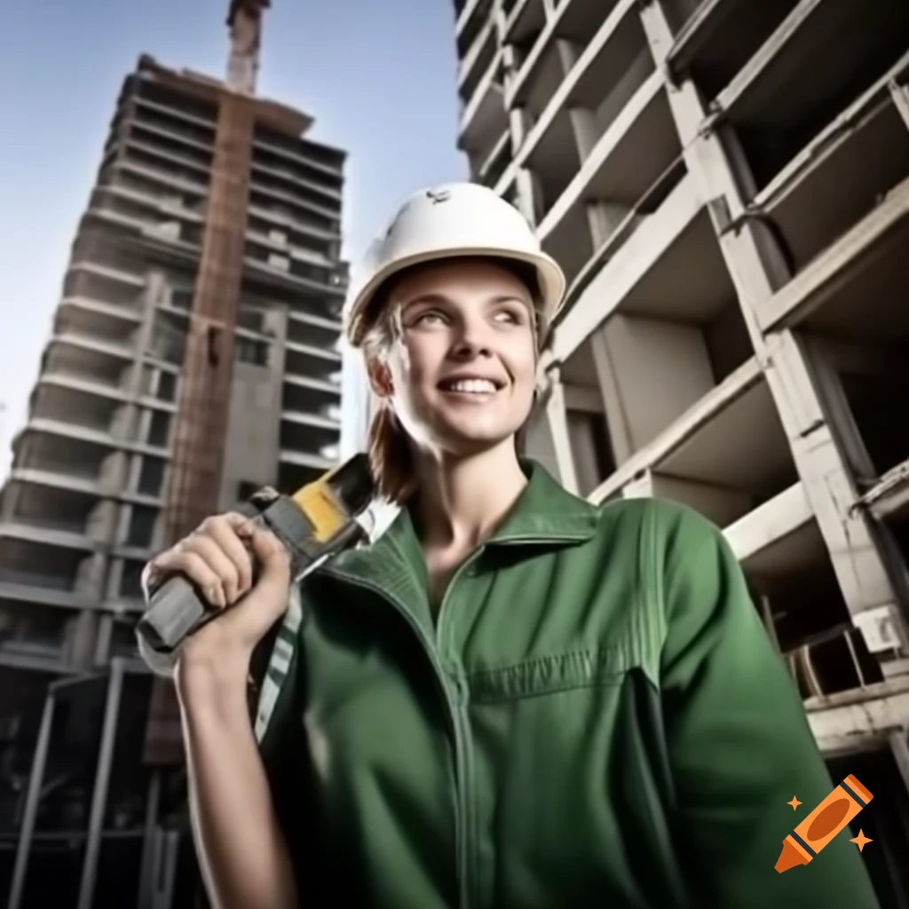 Happy young woman construction worker holding tool in green vest with helmet and building in background on sunny day