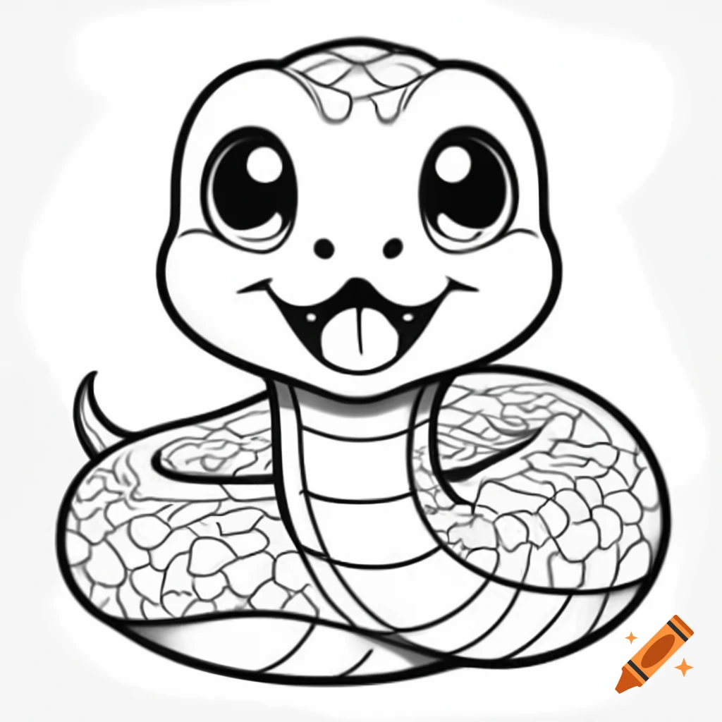 Happy cartoon snake coloring page for kids with clean line art on Craiyon, image size:1024x1024
