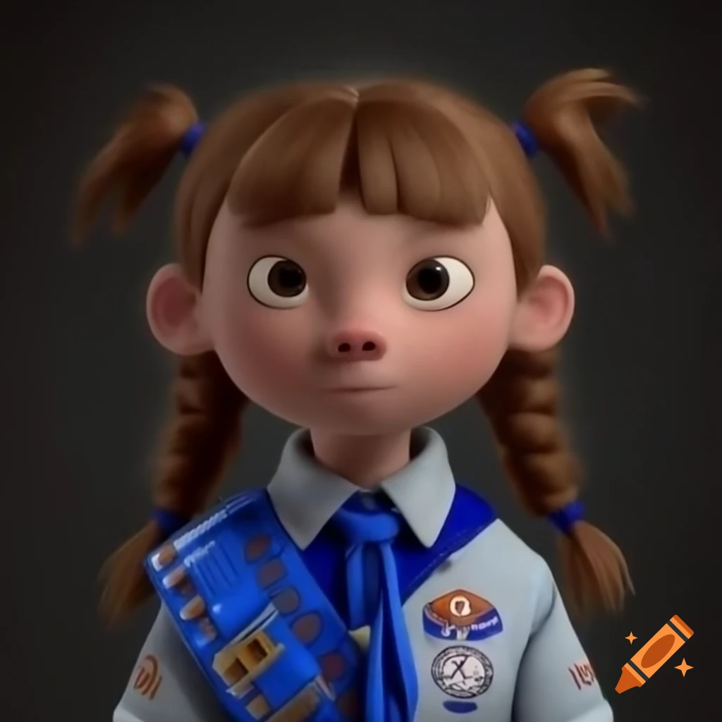 Girl with pigtails in blue scout uniform with Finnish Boy Scouts badge