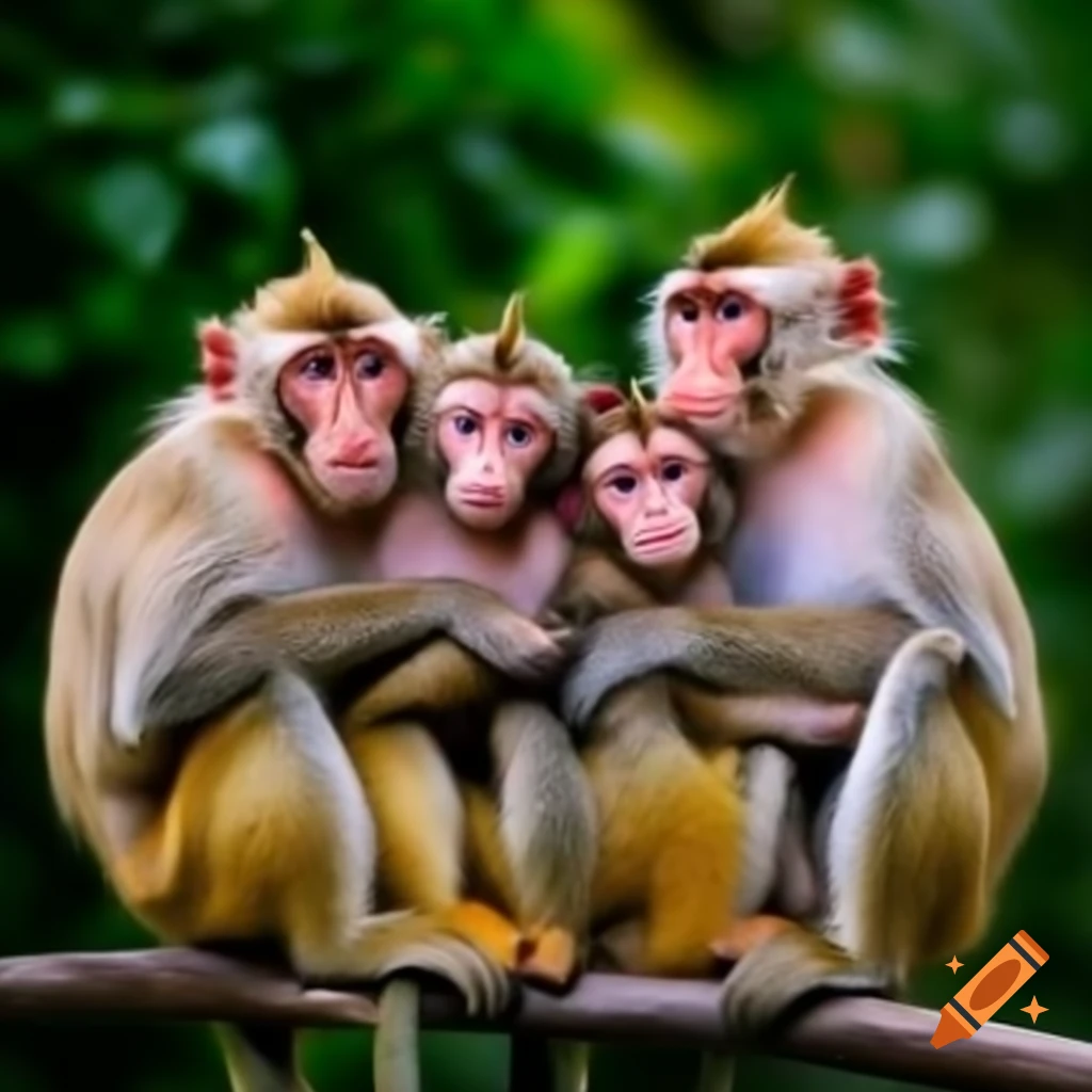 Troop of four monkeys huddling together in lush foliage