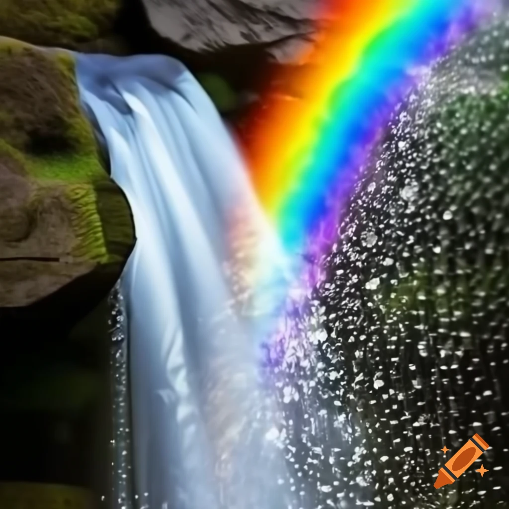Cascading water curtain creating a rainbow in mist