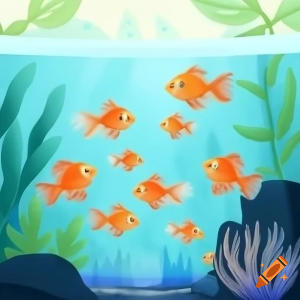 Clip art of an aquarium featuring guppies, goldfish, and angelfish