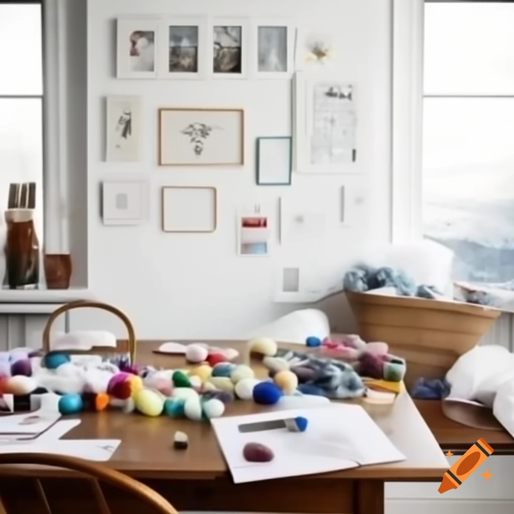 Cozy bright room with wooden table and colorful crafting materials