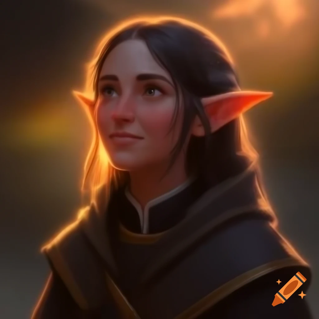 Serene elf cleric in sunrise, reflecting devotion and faith on Craiyon