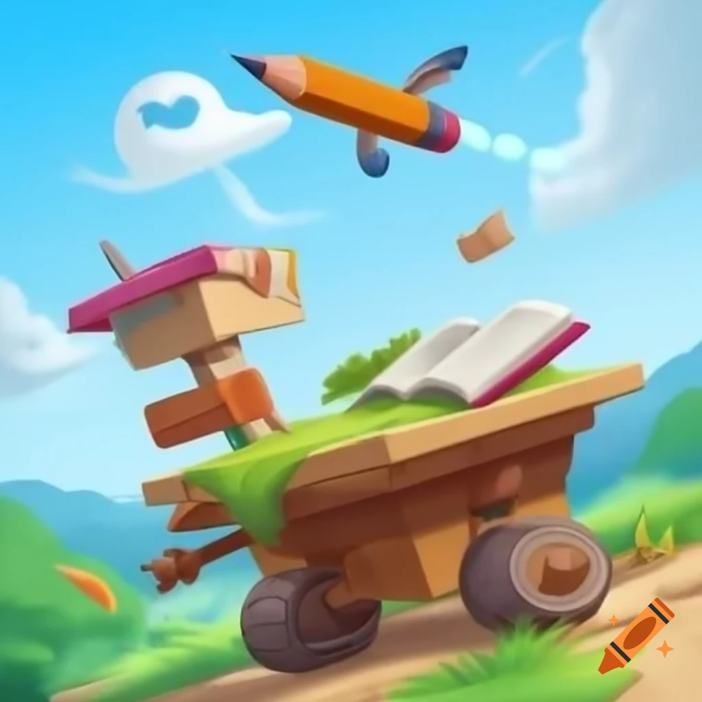 Fantasy stationary and book with wheels flying in the sky