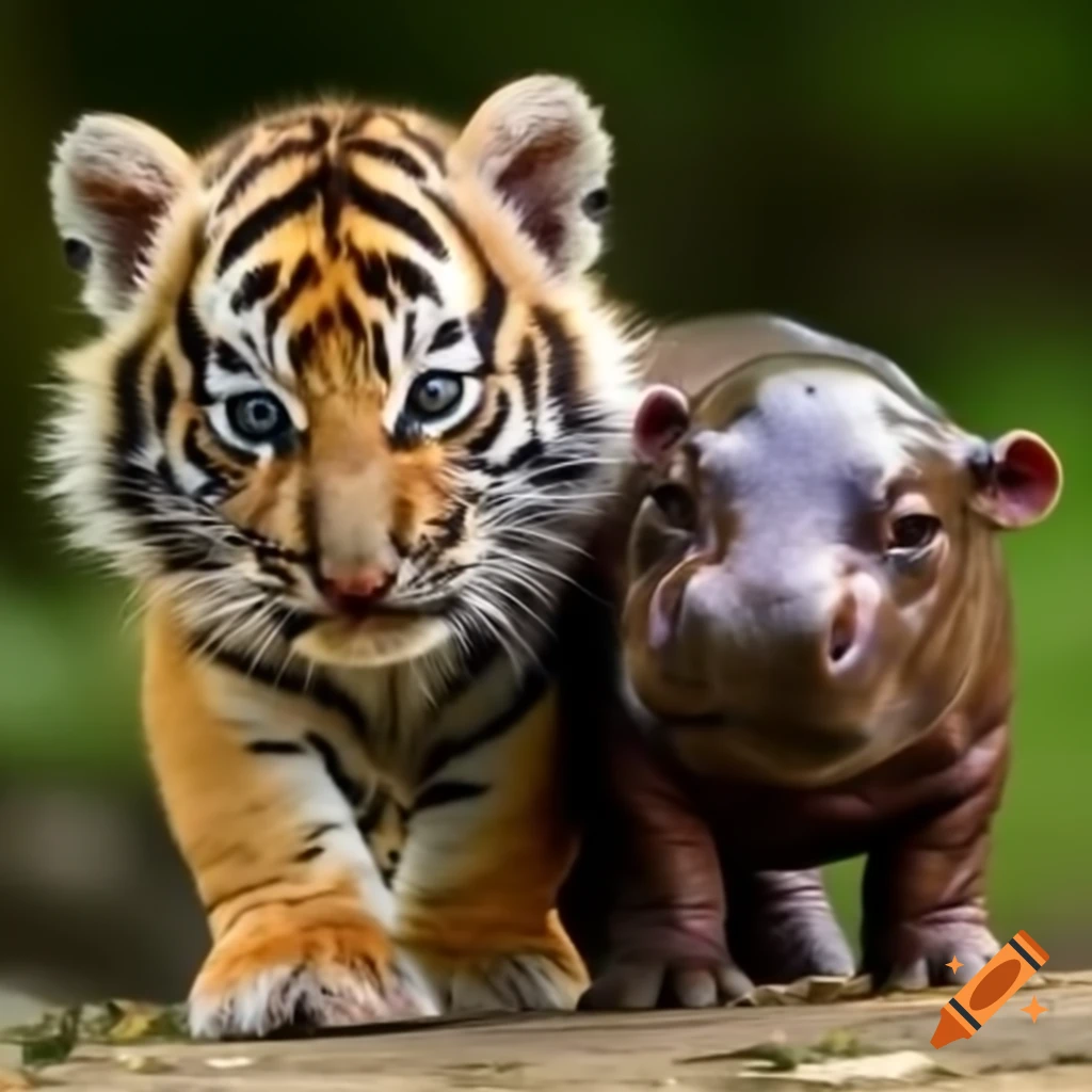 Small tiger and small hippo together in the same photo