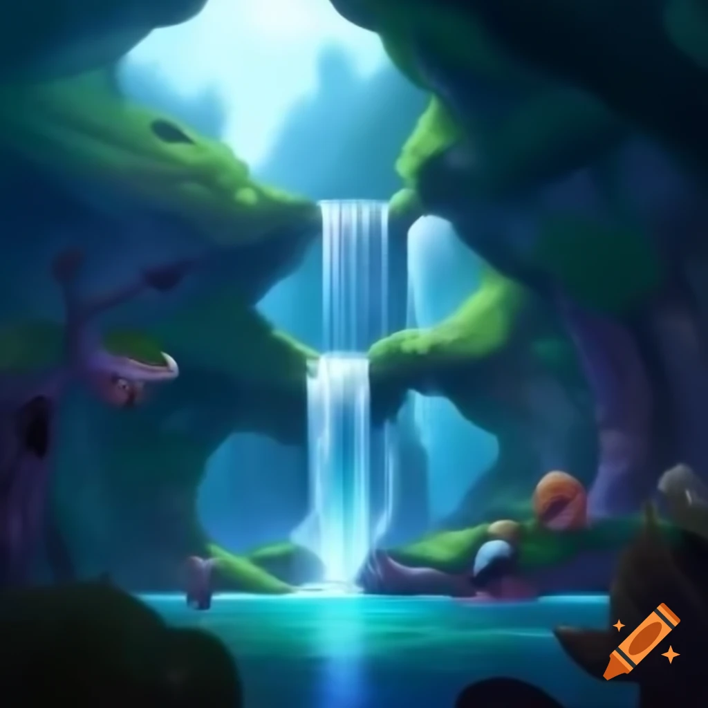 Mystical forest with waterfall and magical creatures swimming