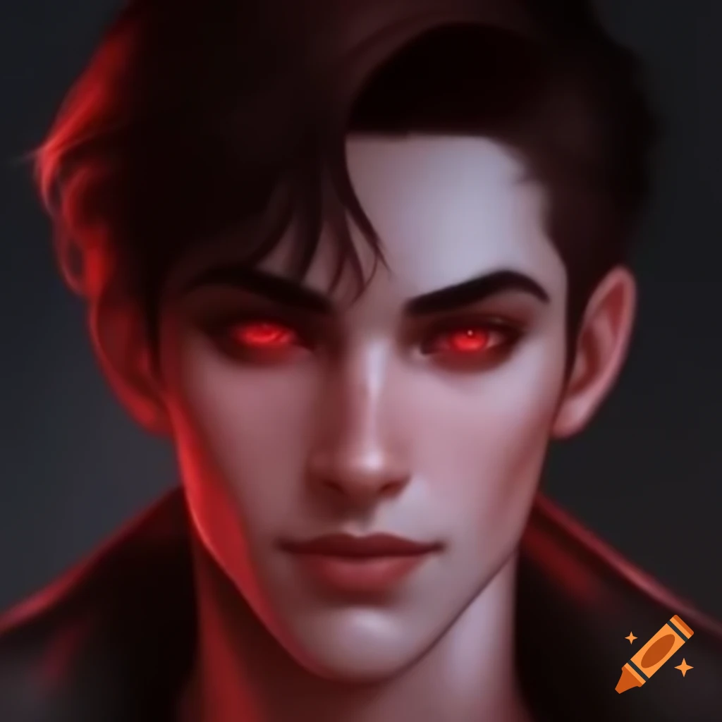 Portrait of a young man with crimson eyes and slicked back dark brown ...