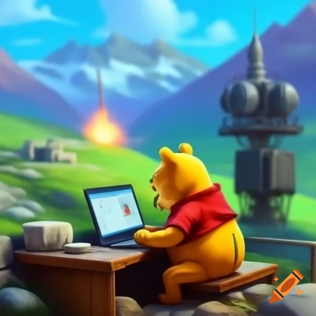 Winnie the Pooh coding on laptop in mountains overlooking missile silo ...