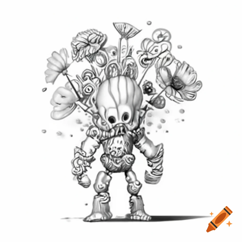 Flowers Golem action figure drawn with black pen