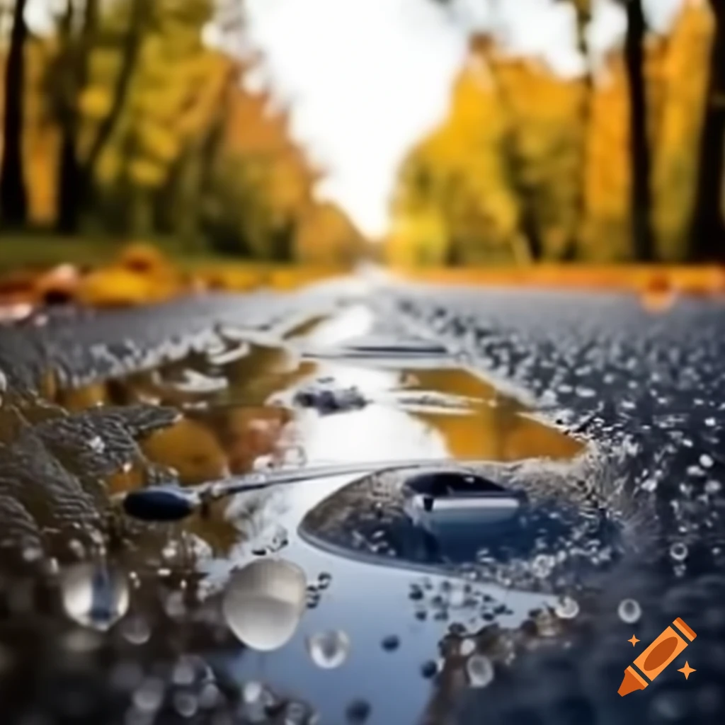 Autumn road with dew and puddles on a sunny day