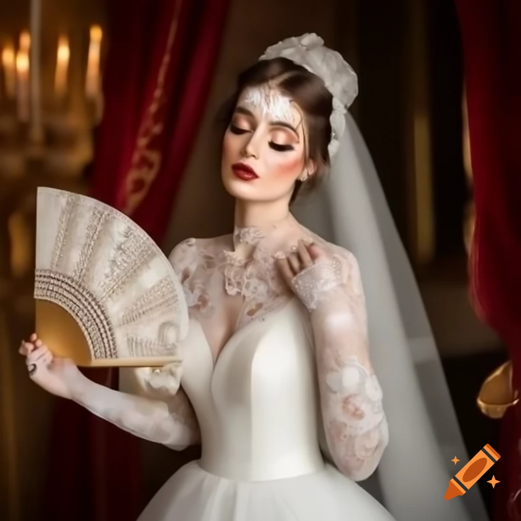 Regal British bride in white lace wedding gown with delicate sheer sleeves