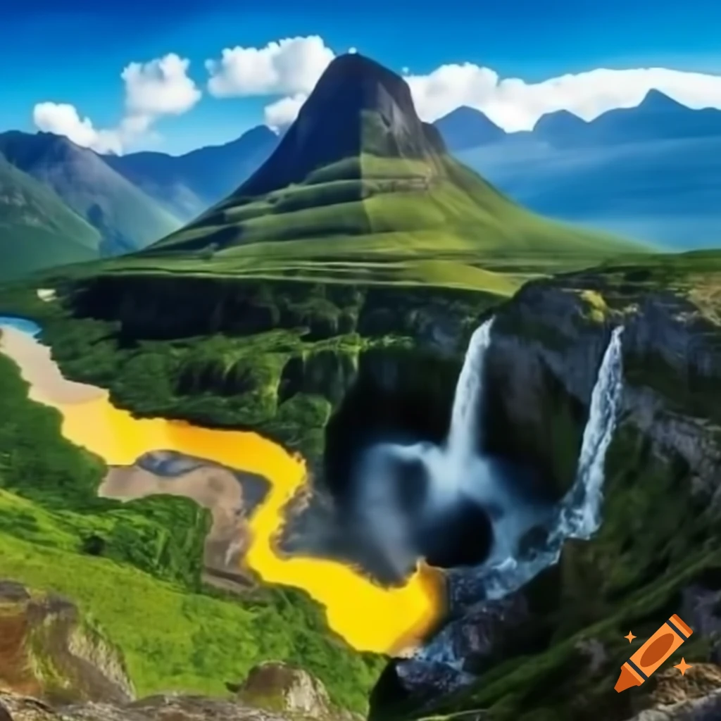 Mountain featuring a large waterfall with unusual yellow water