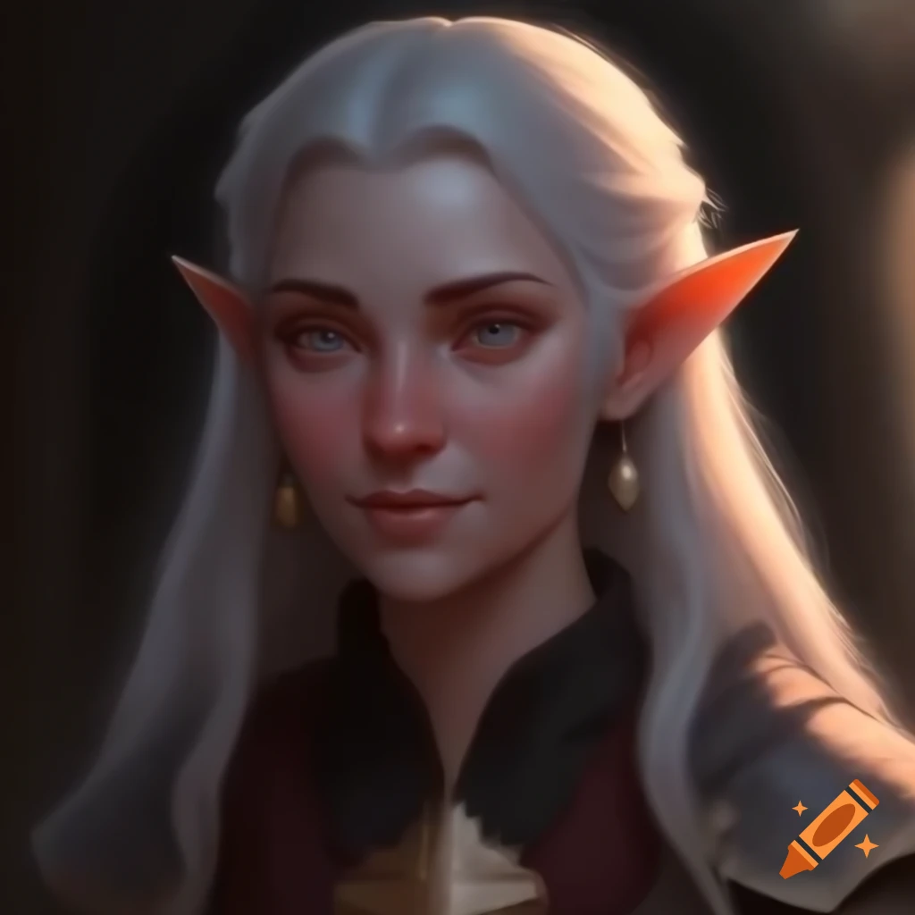 Serene elf cleric in contemplation with gentle smile and calm gaze on ...