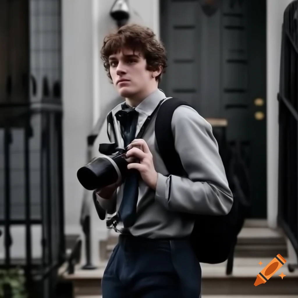 Young male journalist with camera and backpack, determined expression