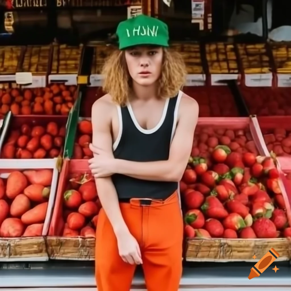 Young man in orange pants and black singlet with green cap at ...