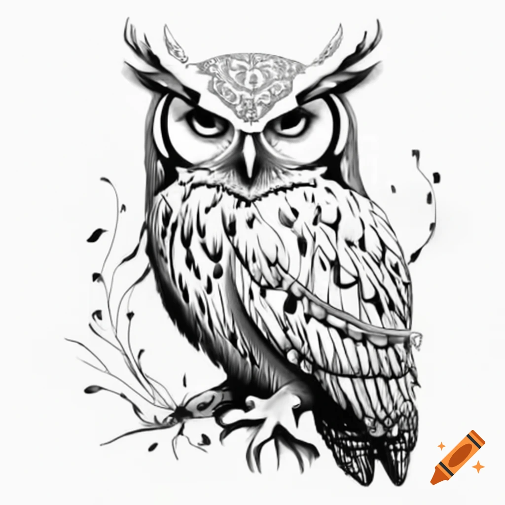 Detailed black and white vector owl symbolizing wisdom and power