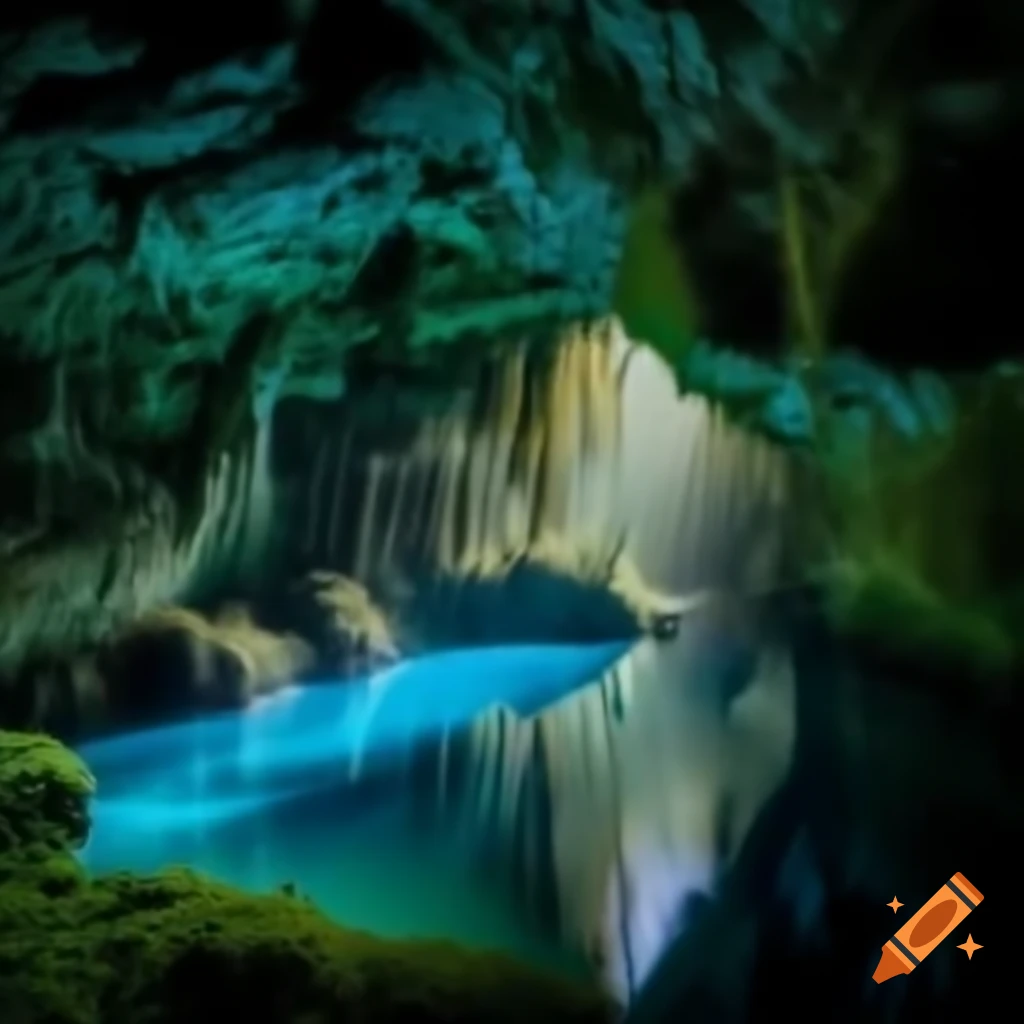 Mossy underground cave at night with bioluminescent water and shrubs