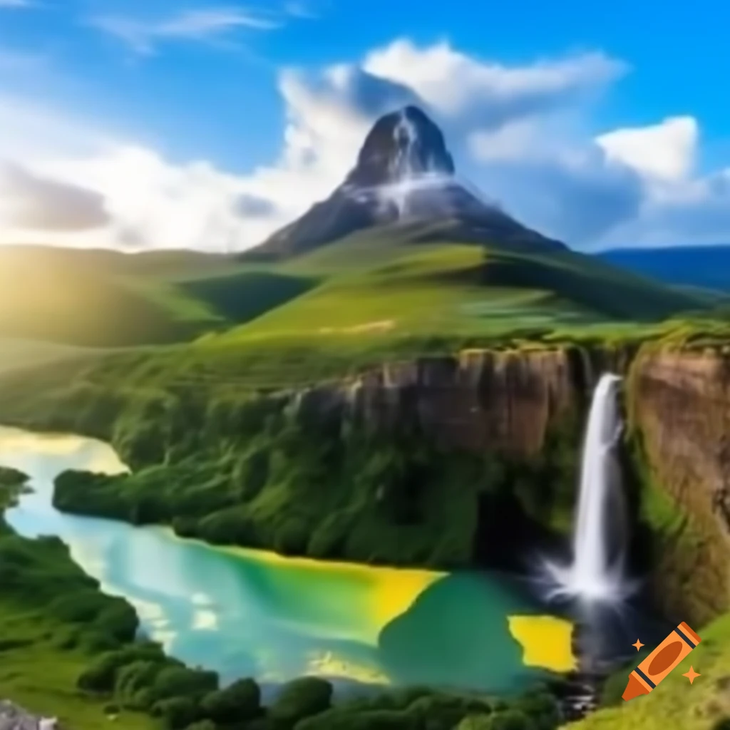 Mountain featuring a large waterfall with unusual yellow water