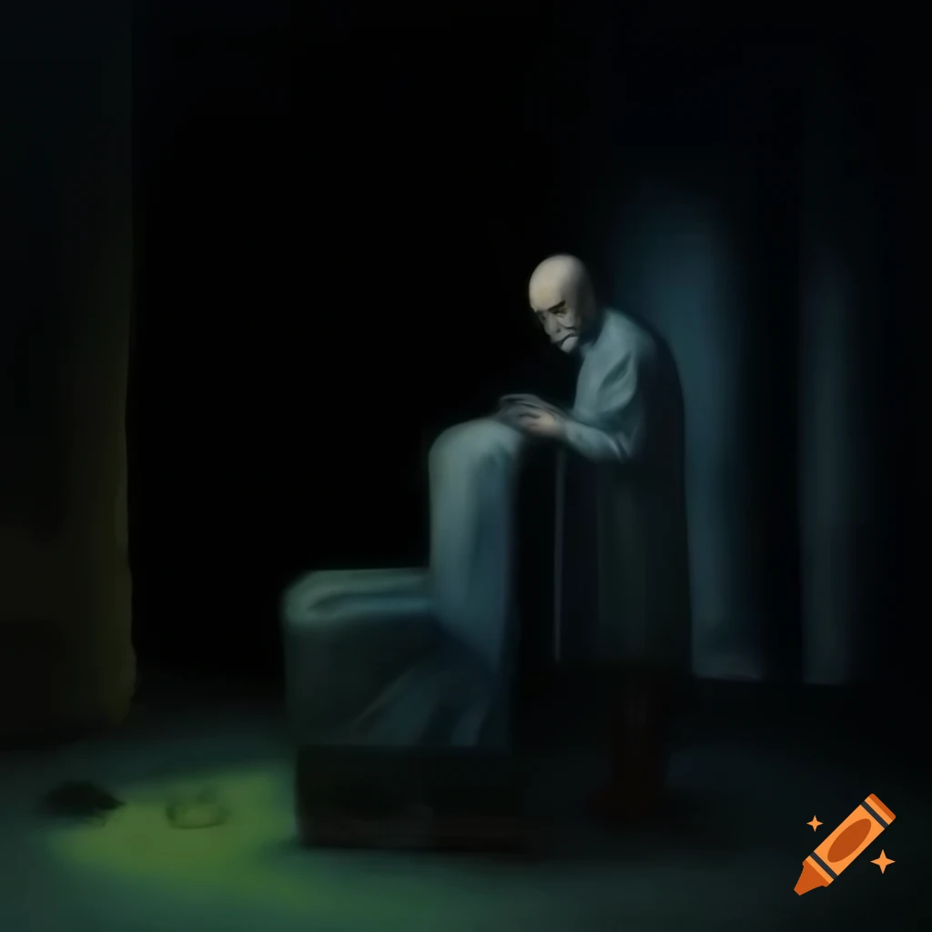 Older bald man conducting research in dimly lit room