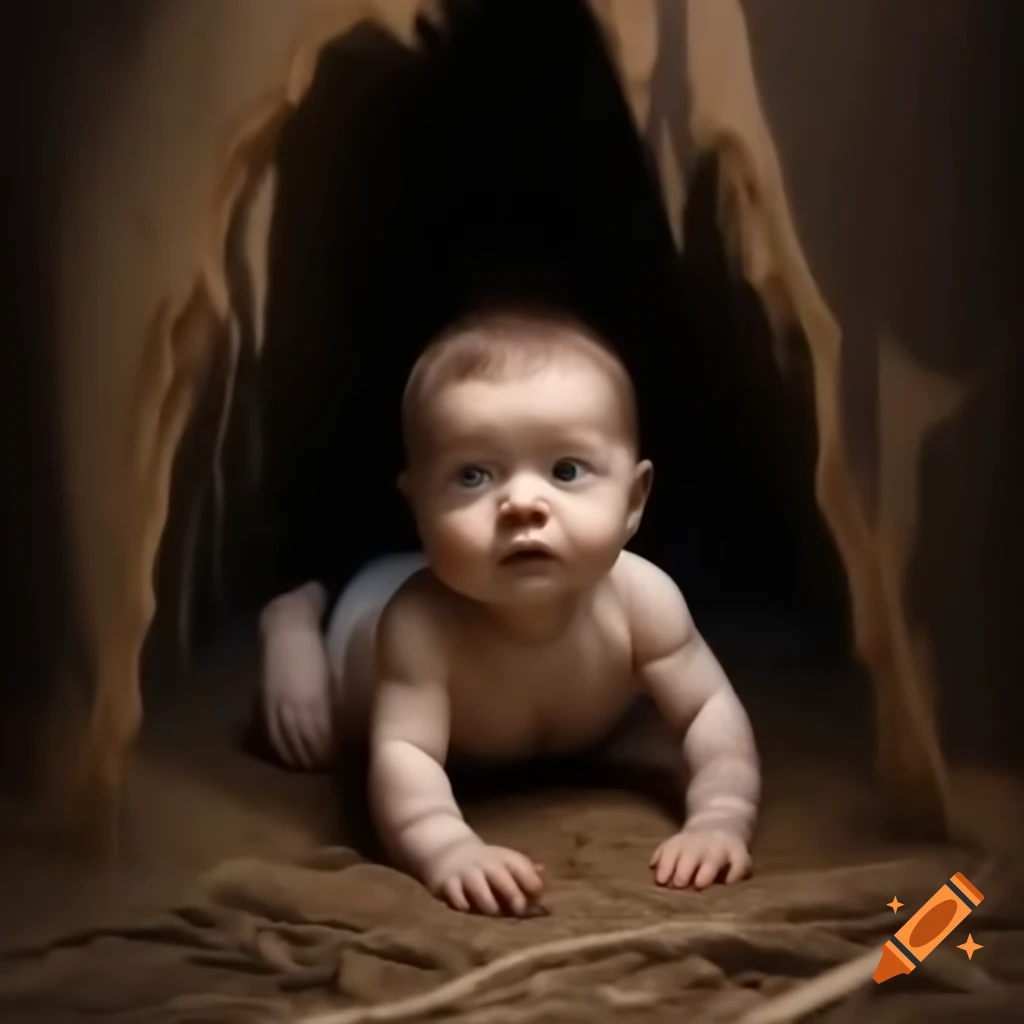 Realistic portrayal of a baby sitting on the floor attempting to crawl