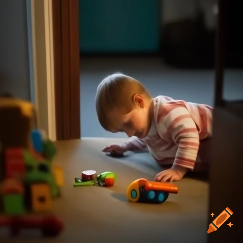 Child searching for hidden toys under carpet