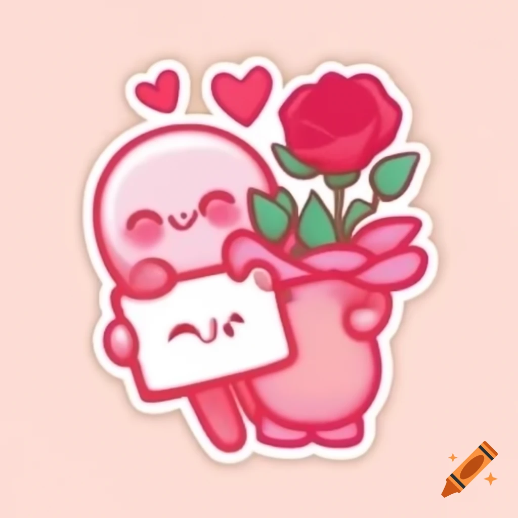 Cartoon heart holding bouquet of roses for Valentine's Day