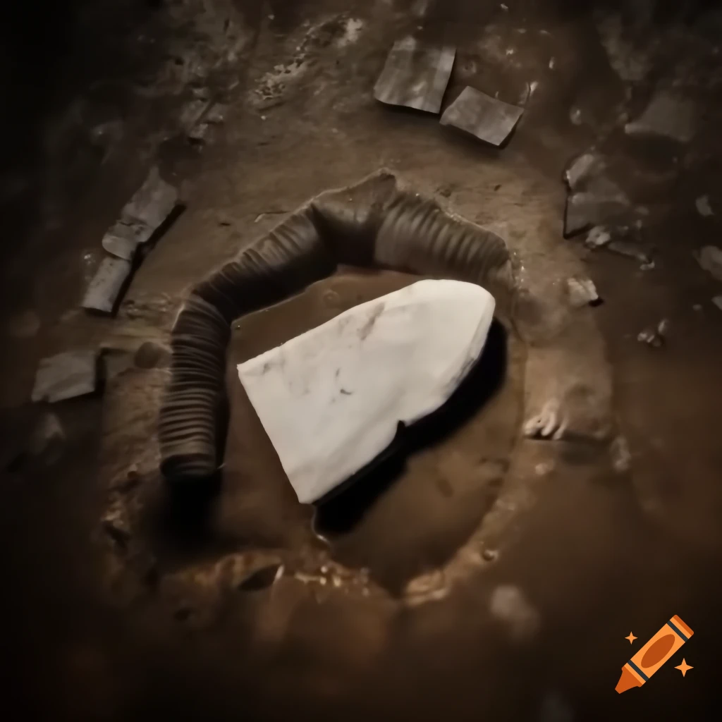 Ancient Greek stone artifact broken on the ground with symbols