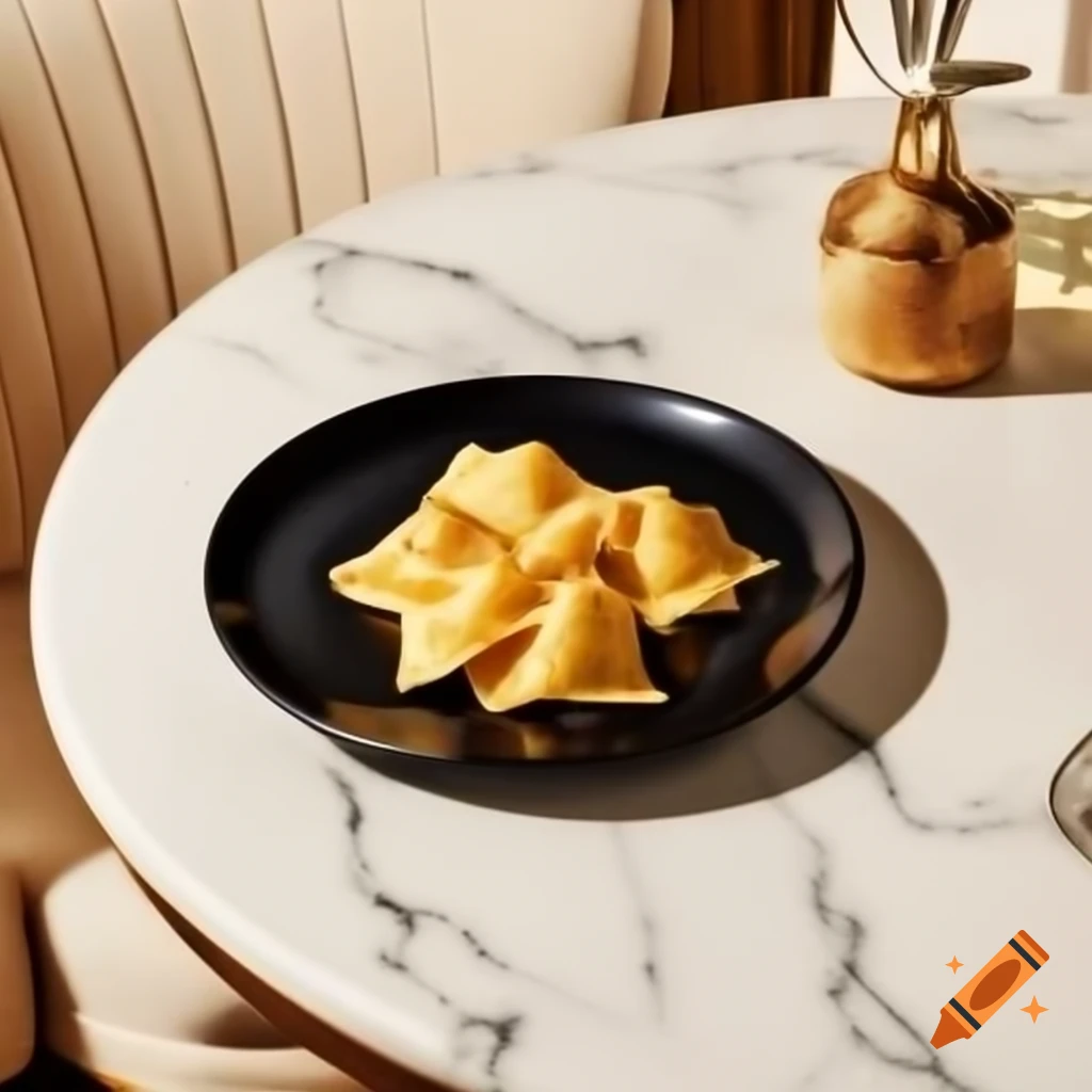 Stuffed ravioli served on black plate on luxurious marble table