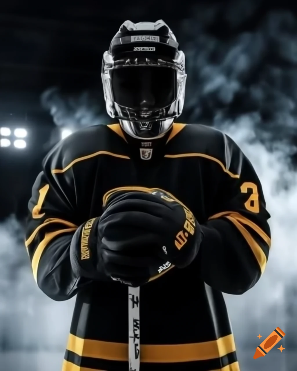 Hockey player in black and gold gear striking T pose on ice rink with smoke