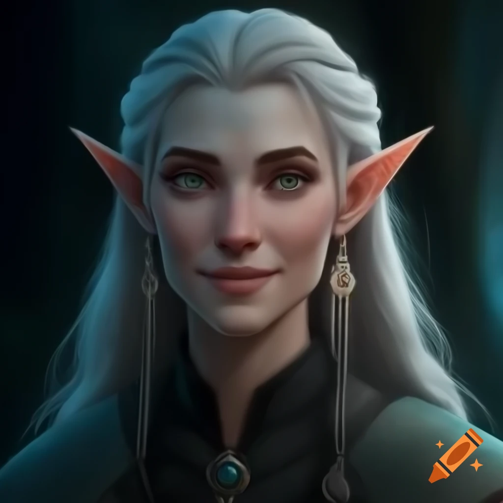 Serene elf cleric in quiet prayer with a gentle smile on Craiyon