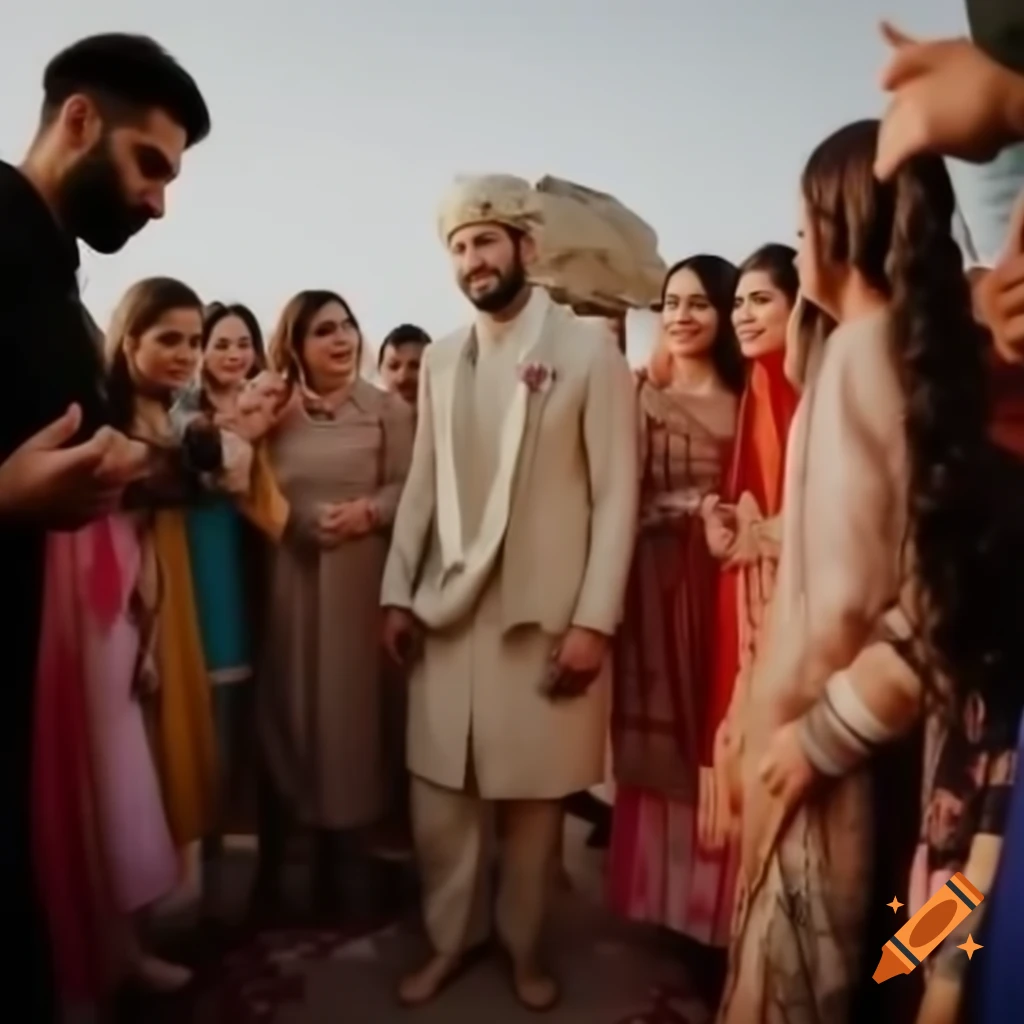 Pakistani groom and bride with local wedding guests