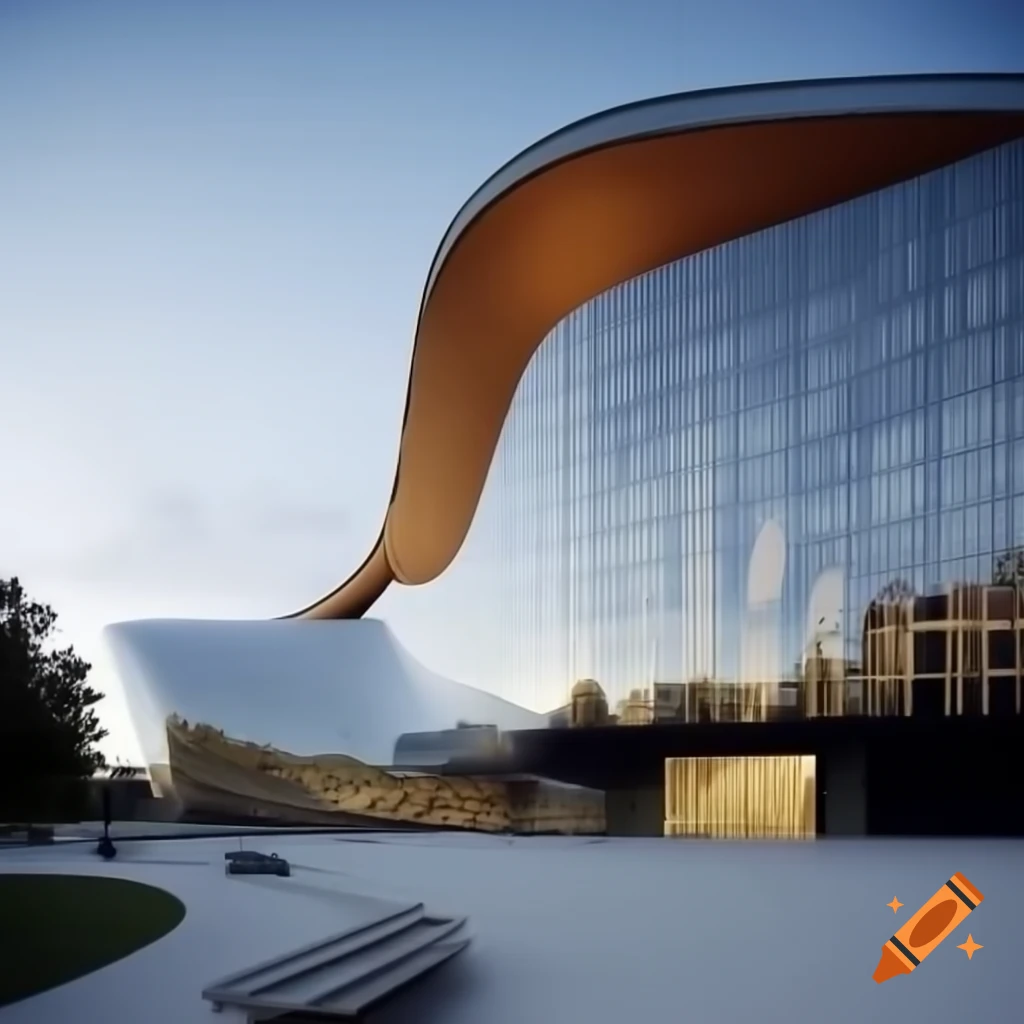 Concert hall architecture with glass paneling and flowing S-shaped ...