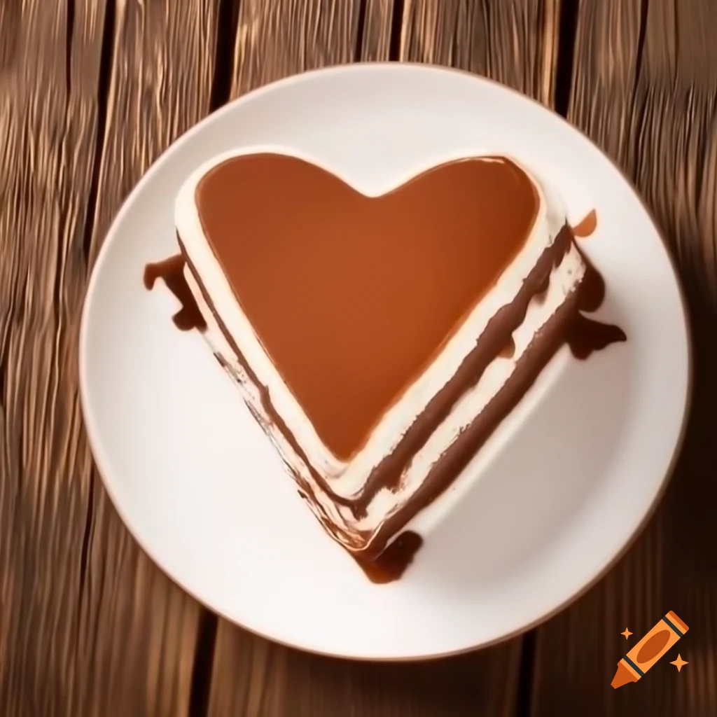 Heart-shaped tiramisu dusted with cocoa on white plate