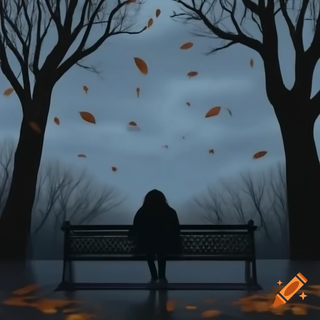Person sitting alone on bench in deserted autumn park with bare trees and gray sky