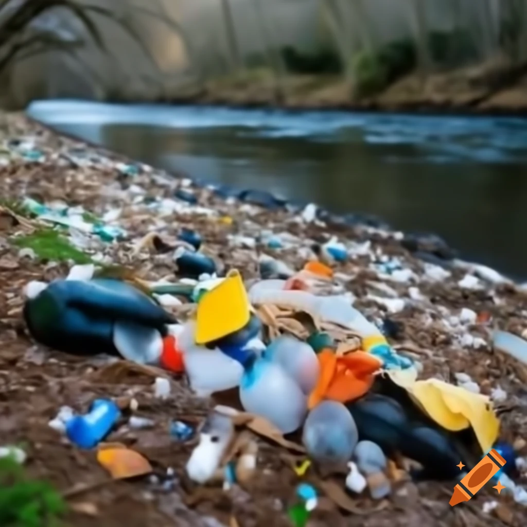 Polluted river with trash debris