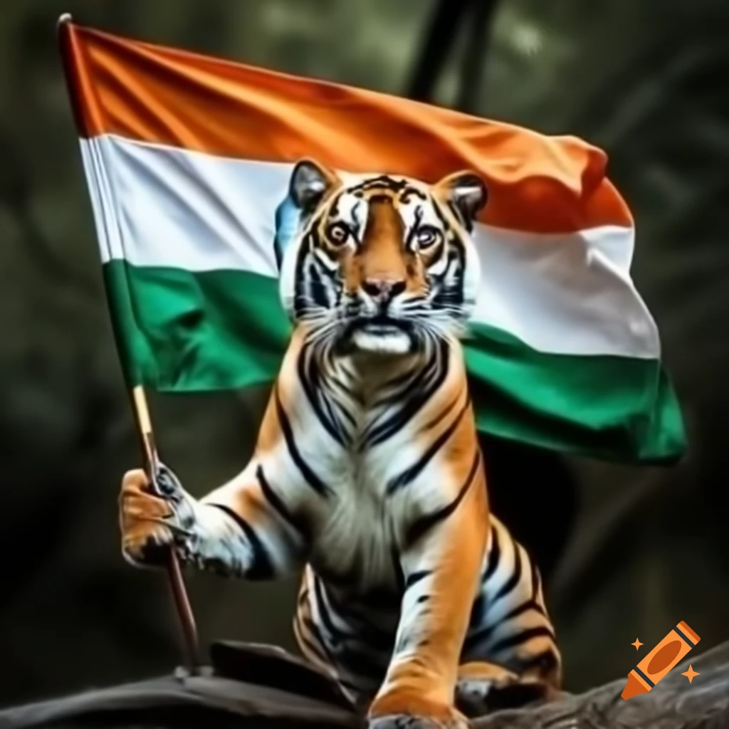 Tiger holding Indian flag in realistic photograph