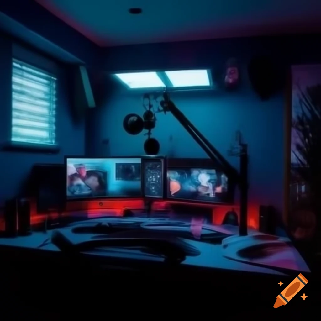 Cozy podcast room with neon lighting and microphones
