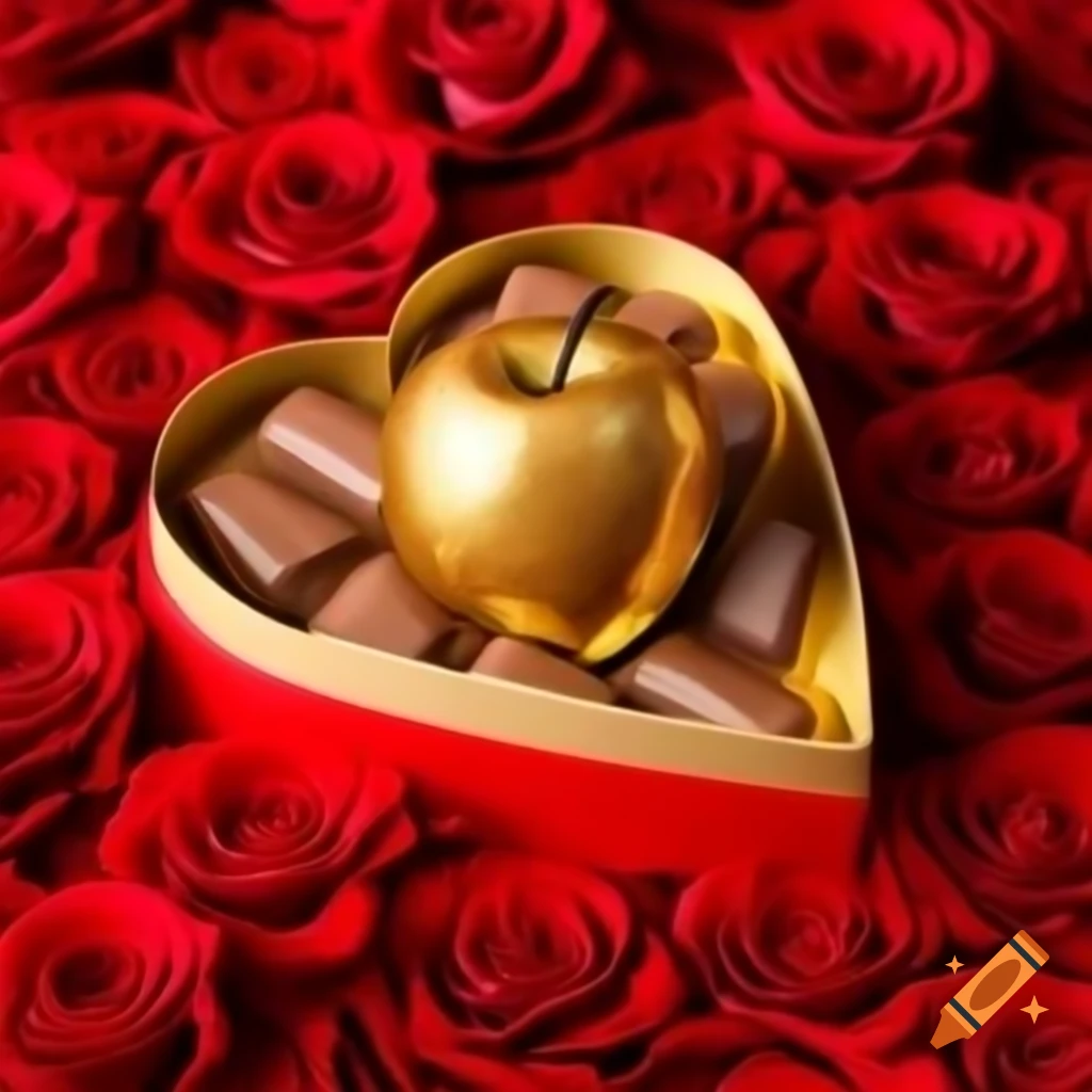 Metallic golden apple in heart-shaped box of chocolates surrounded by red roses