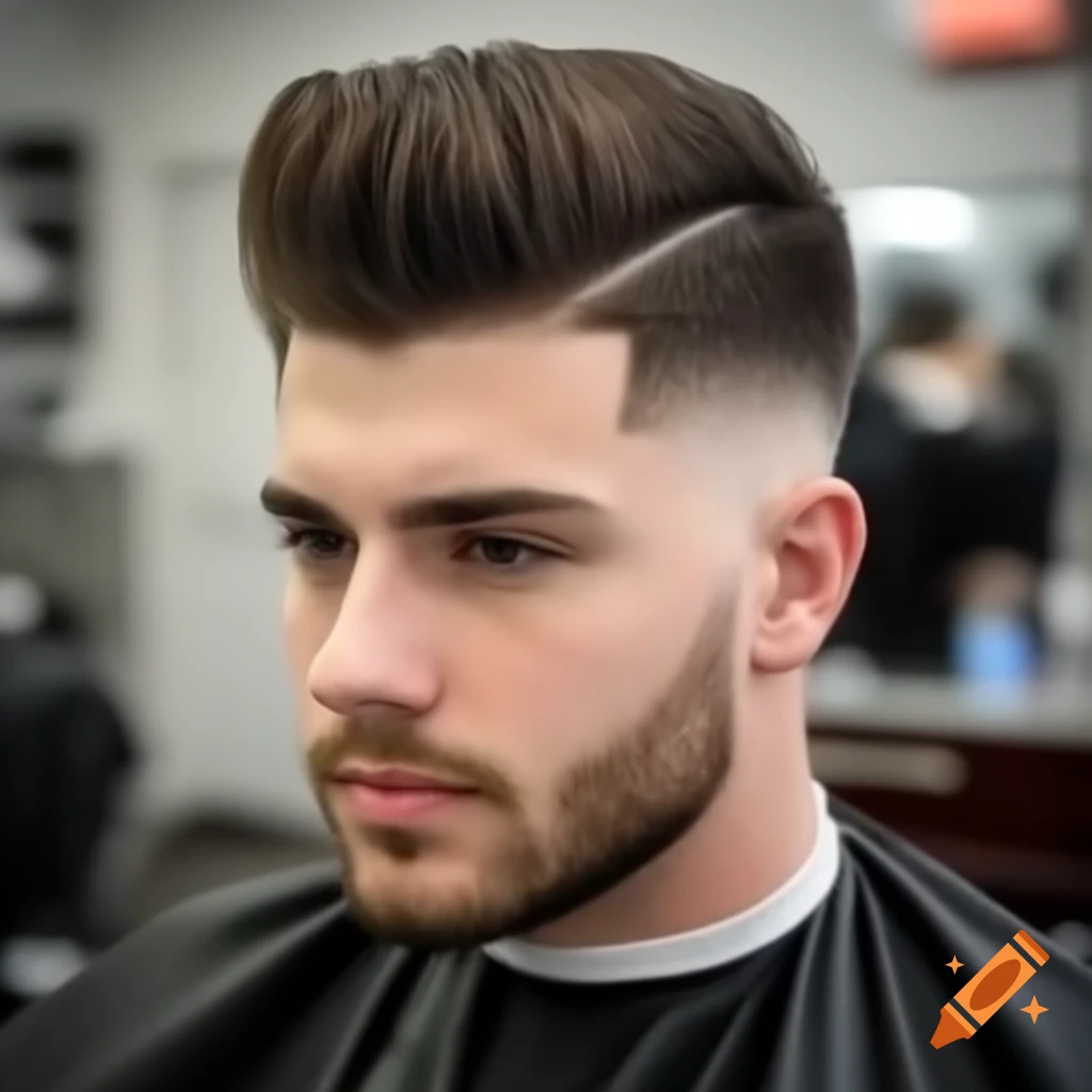 Young man with spiky haircut and trimmed beard in barber shop setting