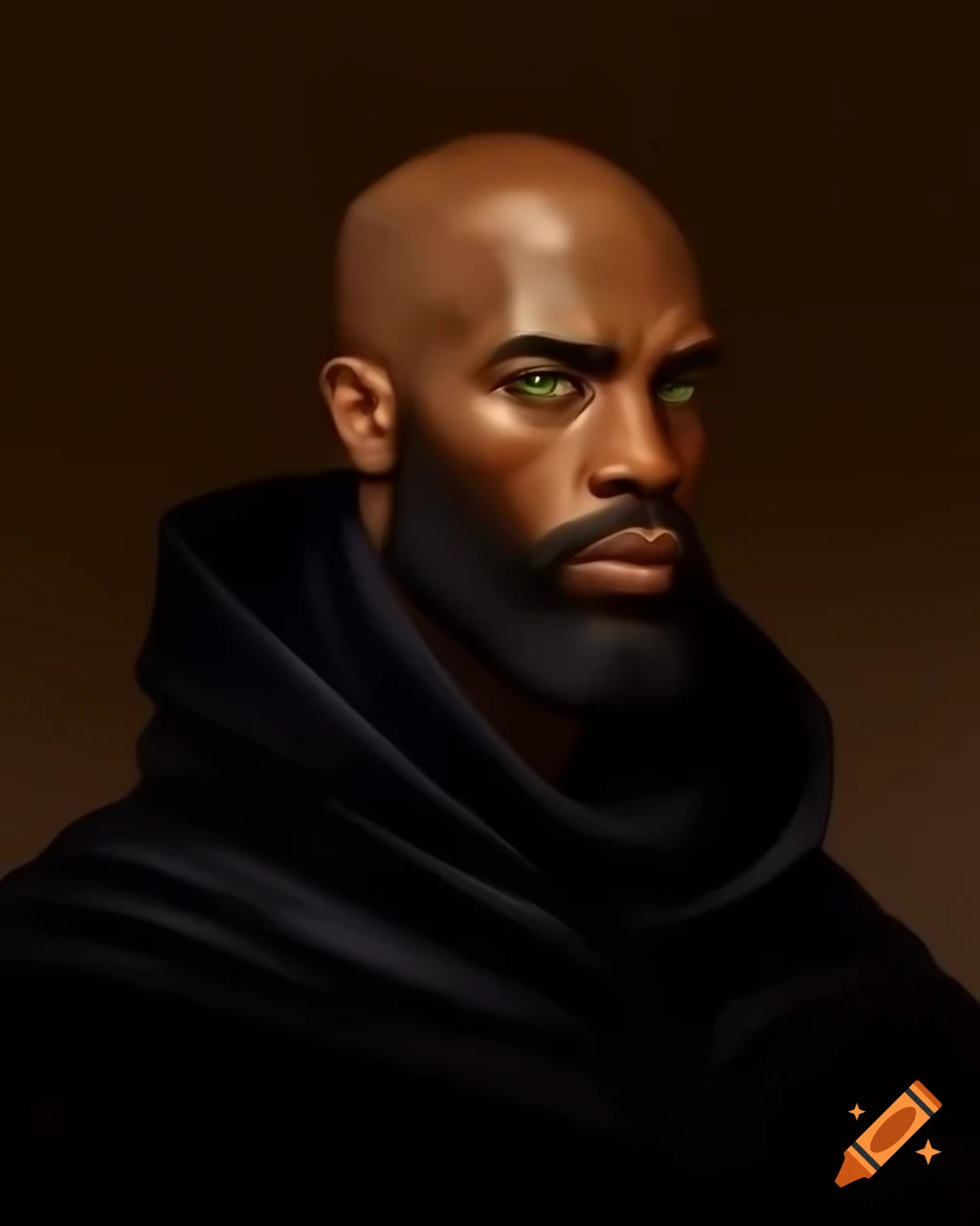 Striking portrait of a strong bald black man with green eyes and thick ...